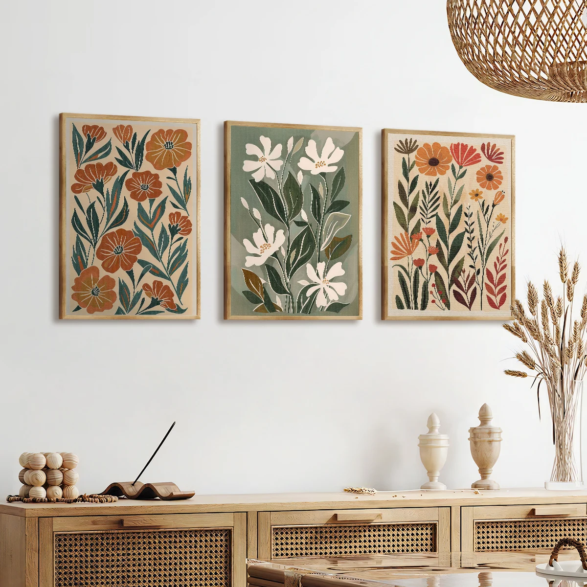 3Pcs Boho Floral Wall Art Set, Neutral Earth Tone Botanical Prints, Sage Green & Terracotta Minimalist Flowers Decor for Bedroom