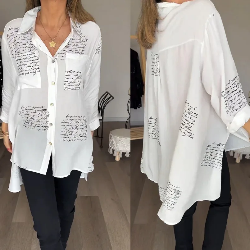

Women Shirts Letter Printed Fashion Asymmetrical Blouse Tops Spring Summer Lady Button Pocket Workwear Streetwear Loose Blouse