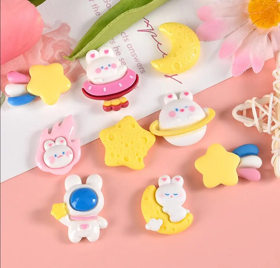 

100pcs New Kawaii Cartoon Rabbit Astronaut Stars Moon Flatback Resin Cabochons Crafts DIY Phone Decoration Hair Accessories