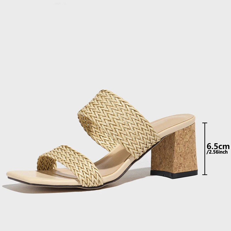 الصيف النساء النسيج أحذية رئيس مربع النعال بلون حذاء بكعب عالٍ مكتنز الانزلاق على الشرائح مثير مأدبة الحفلات البغال Zapatos #5