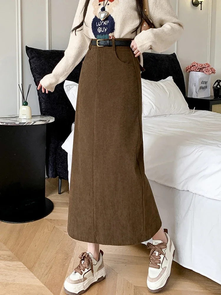 

Black Brown Corduroy Winter Long Skirts Women Retro Solid Straight High Waist Bodycon Skirt Female Split Vintage Faldas Largas