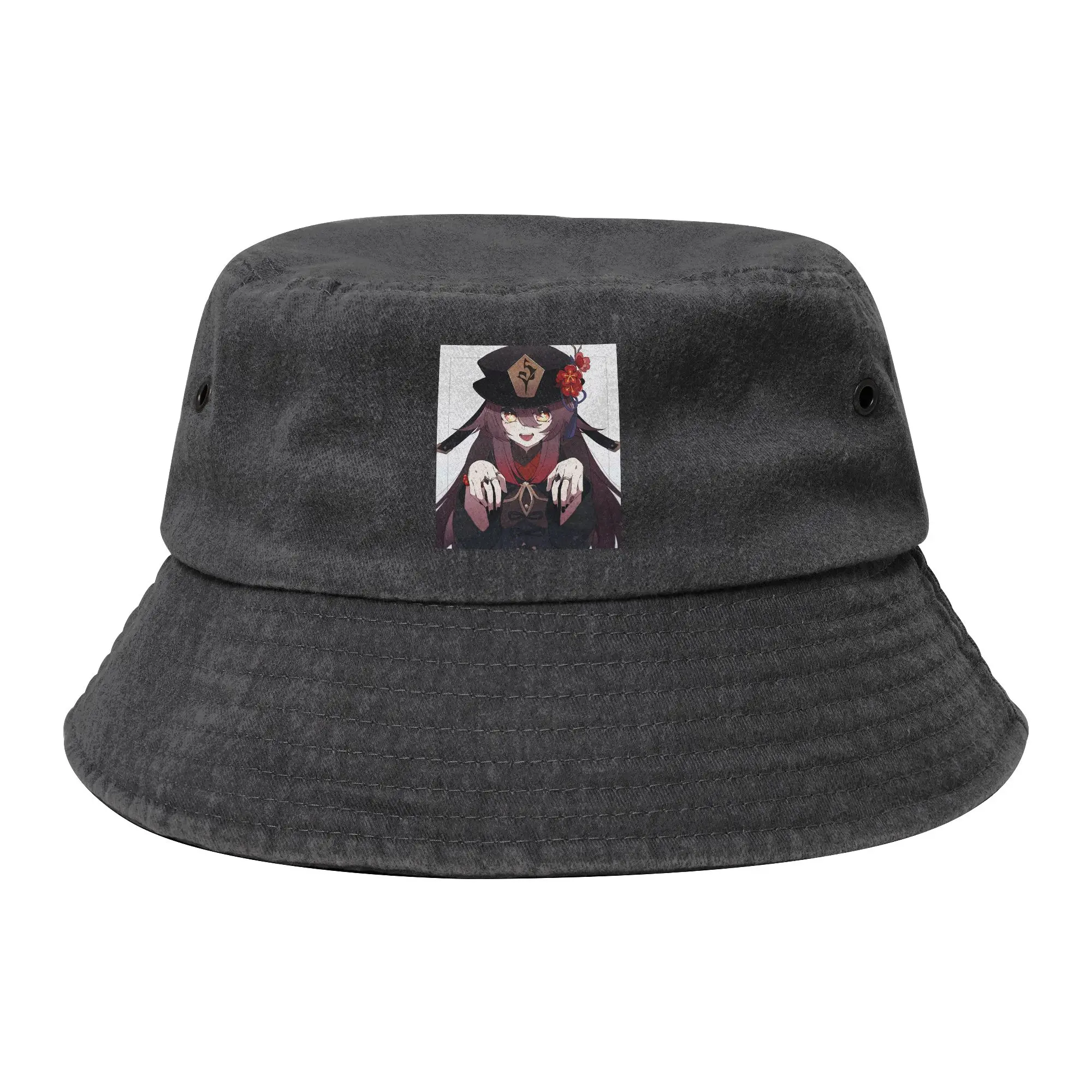 Vocation Genshin Impact Amine Bucket Hat Unisex Distressed Washed Sun Hat Hu Tao Bob Fishing Cap