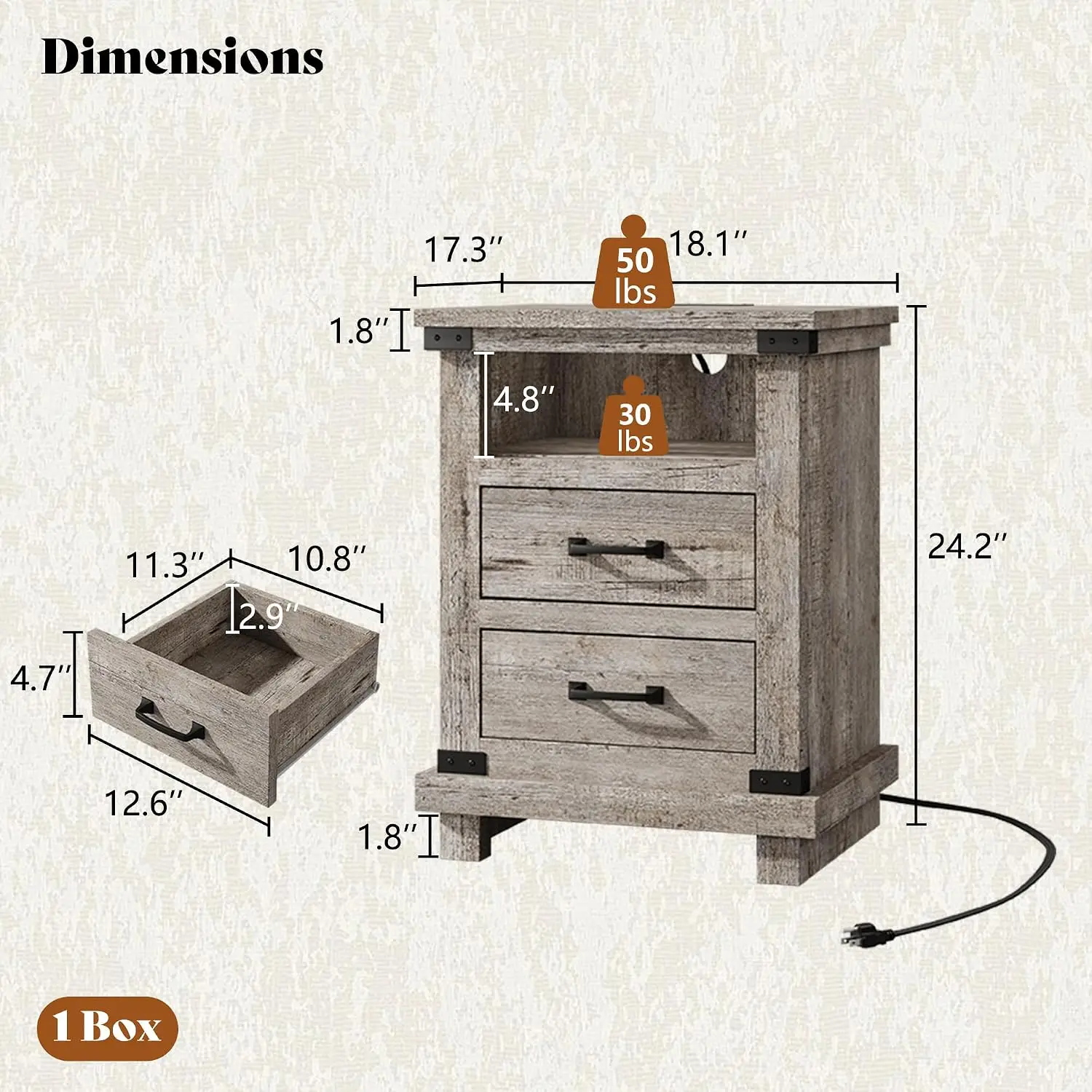 Farmhouse End Table Set 2 With Charging Station, Light Grey, Customized