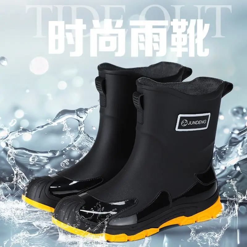Men Flat Sole Rain Boots Summer Waterproof Non-Slip Rubber Shoes Wear Resistant Outdoor Kitchen Working Rain Footwear