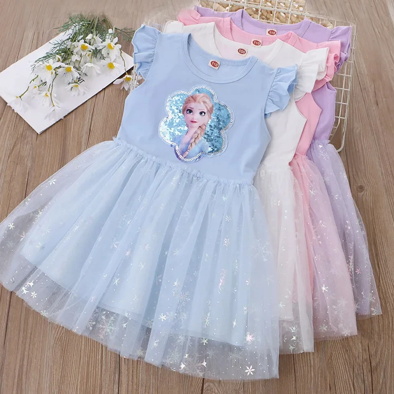 Girls Elsa Clothes 2024 New Summer Princess Dresses Flying Sleeve Kids Dress Frozen Elsa Party Baby Dresses for Children Clothes