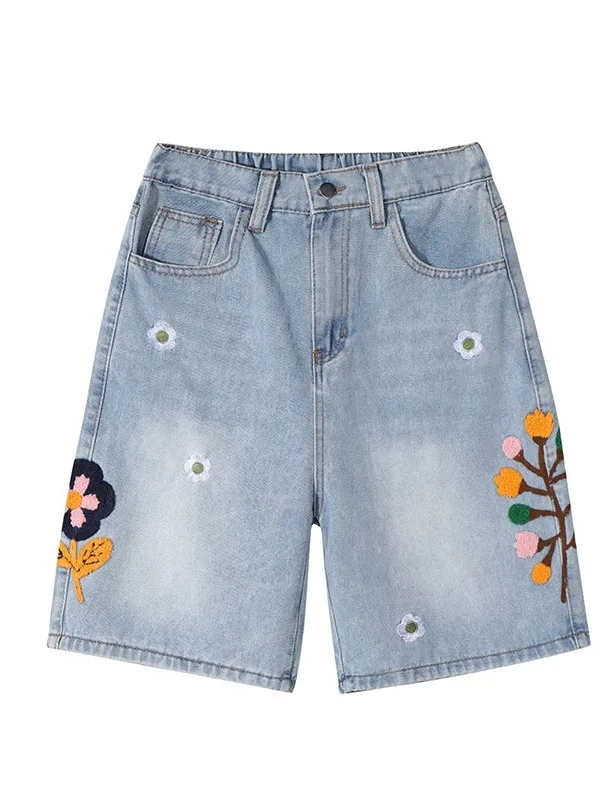 

Прямые джинсы с американской цветочной вышивкой в стиле ретро, мужские летние свободные широкие брюки для пар, модные брюки с пятью точками