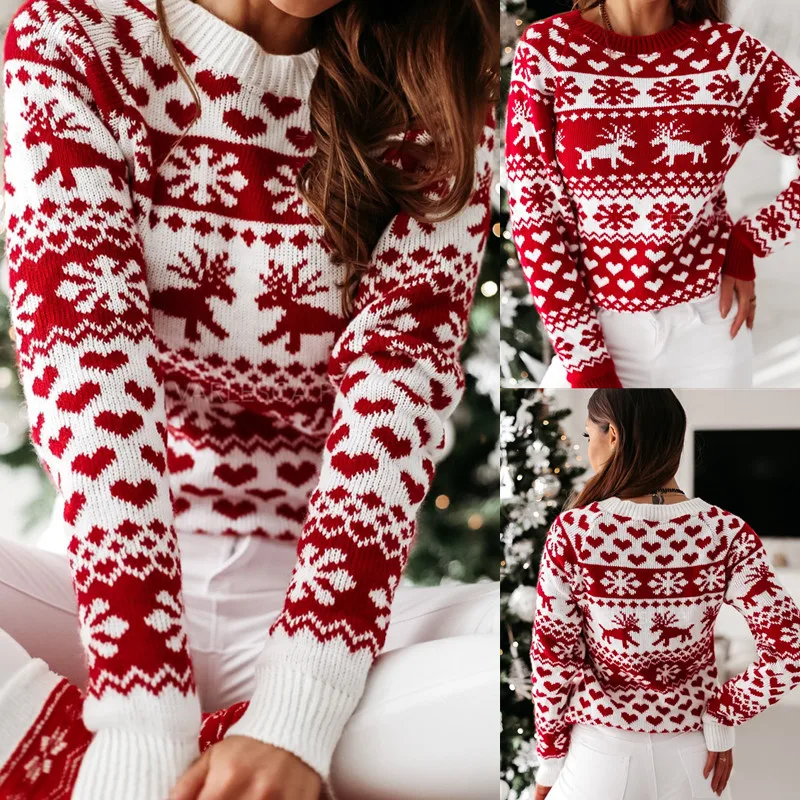 New Autumn Winter Knitted Sweater Women's Round Neck Pullover Christmas Elk Snowflake Long Sleeve Knitted Sweater