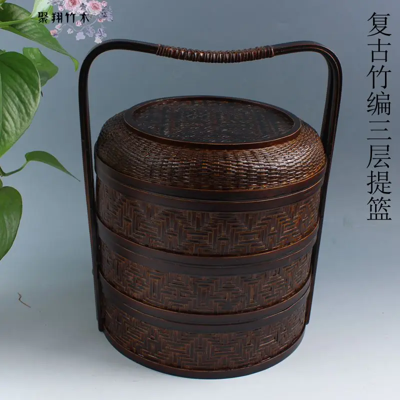 Storage Box Retro Nostalgic Handmade Bamboo Single Layer Double Food Container Portable Chinese Modern Simple Desktop Decoration