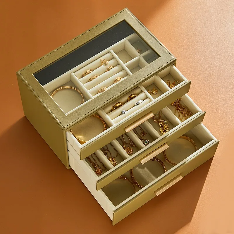 

Leather Jewelry Storage Case Transparent Jewellery Display Box Women's Ring Earring Cases Exhibitor Necklace Bracelet Boxes