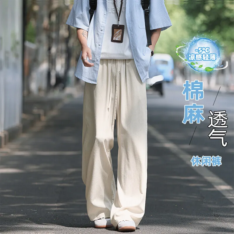 

Summer Linen Pants Men Oversized Fashion Black Casual Pants Men Japanese Streetwear Hip-hop Loose Wide Leg Pants Mens Trousers