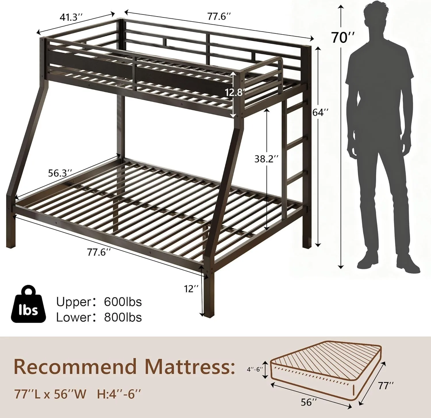 Bunk Beds Twin over Full Size, Heavy Duty Metal Bunk Beds with Safety Gu