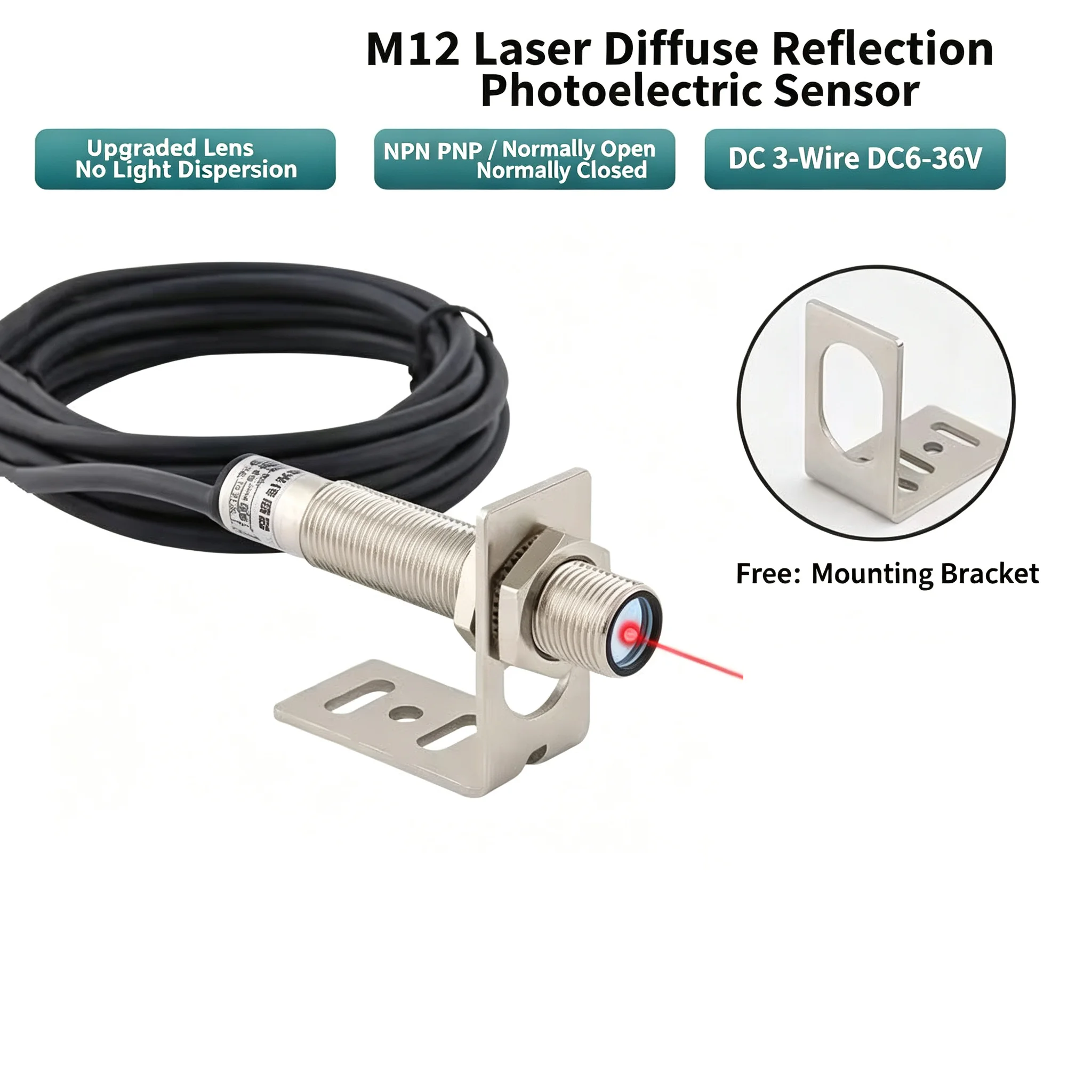 30cm Infrared Diffuse Reflection Photoelectric Sensor M12 Waterproof Laser Switch Opague Visible Material Optoelectric Sensor