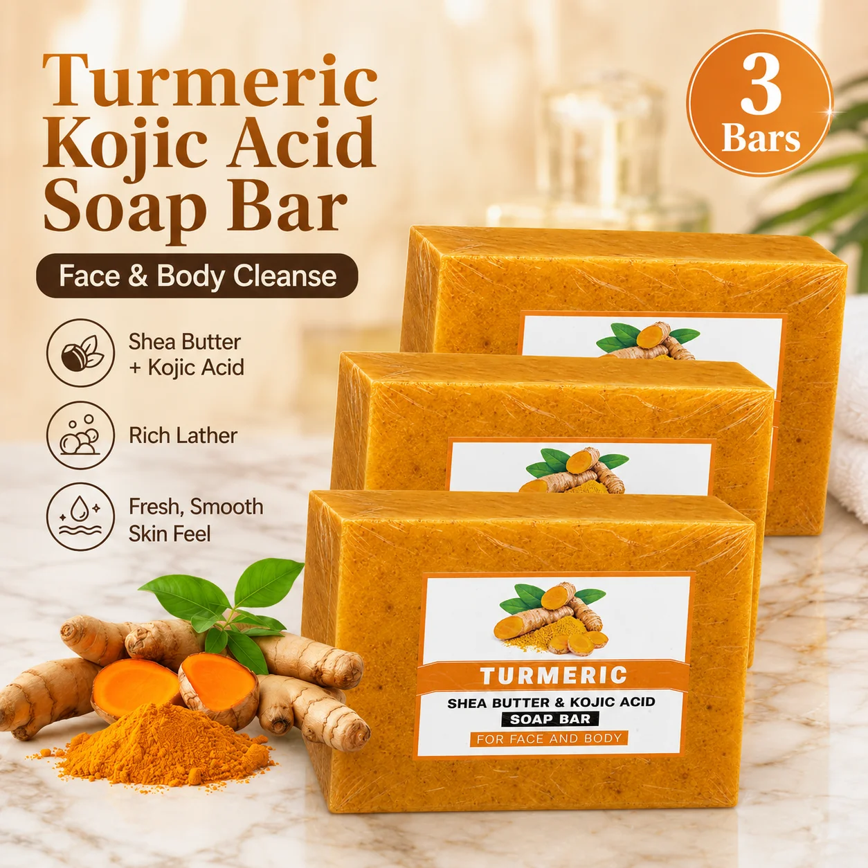 1 Pack Turmeric Kojic Acid Soap Bars(120g) - Infused with Retinol, Hydrolyzed Collagen, Vitamin E & Shea Butter, Gentle Care for