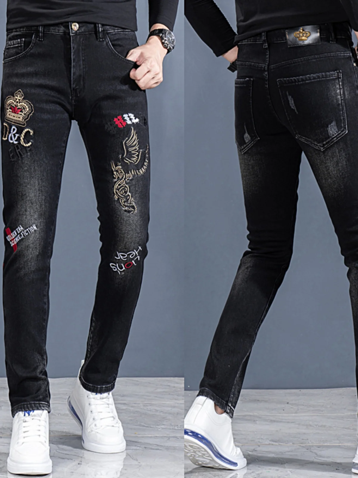 

Мужские джинсы Bla с вышивкой и цветочным узором, на флисовой подкладке, облегающие, повседневные, эластичные, осенне-зимние, модные, брендовые, джинсовые брюки