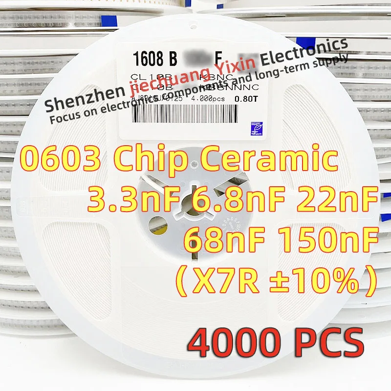 Chip Ceramic Capacitor 0603 3.3nF 6.8nF 22nF 68nF 150nF 25V 50V 10% accuracy X7R material 1608 Capacitance 4000pcs