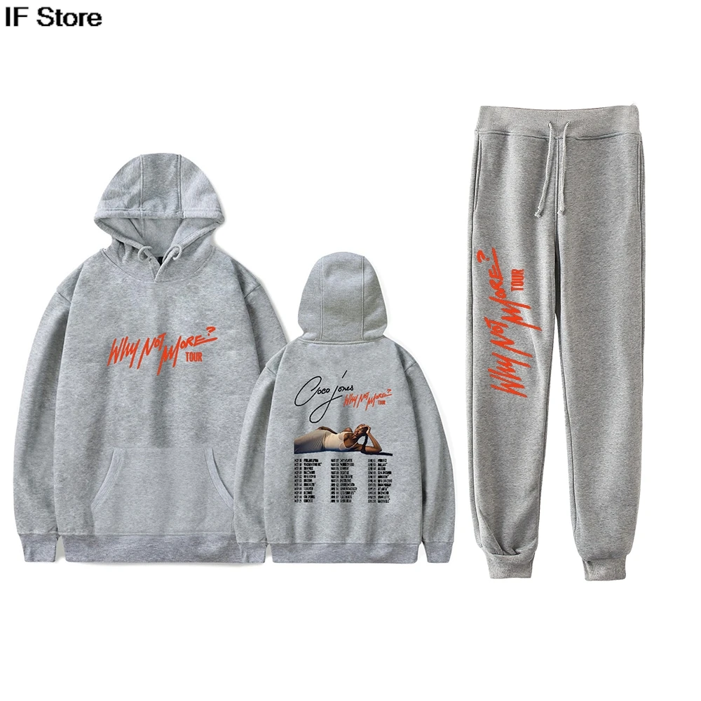 Coco jones por que não mais tour outono terno moda hoodies jogger calças 2 peça define casual moletom das mulheres dos homens moletom terno