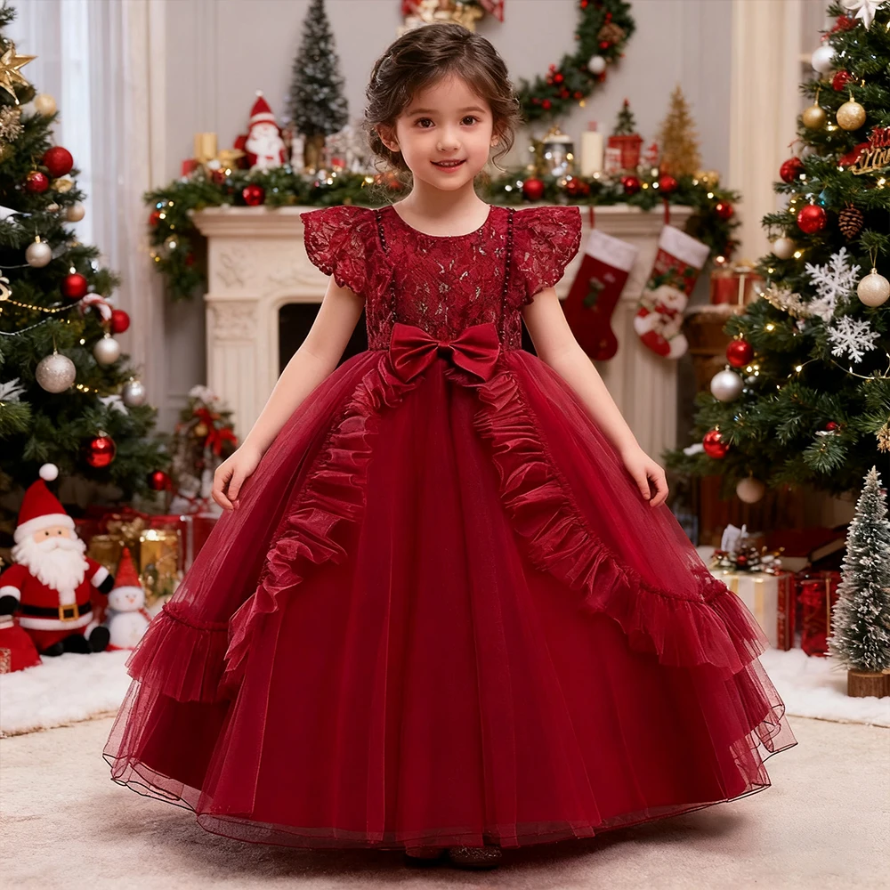 

Bowknot Lace Wedding Dress For Christmas Red Dress Girl Princess Dress Elegant Evening Girls Party Dresses Children's Clothing