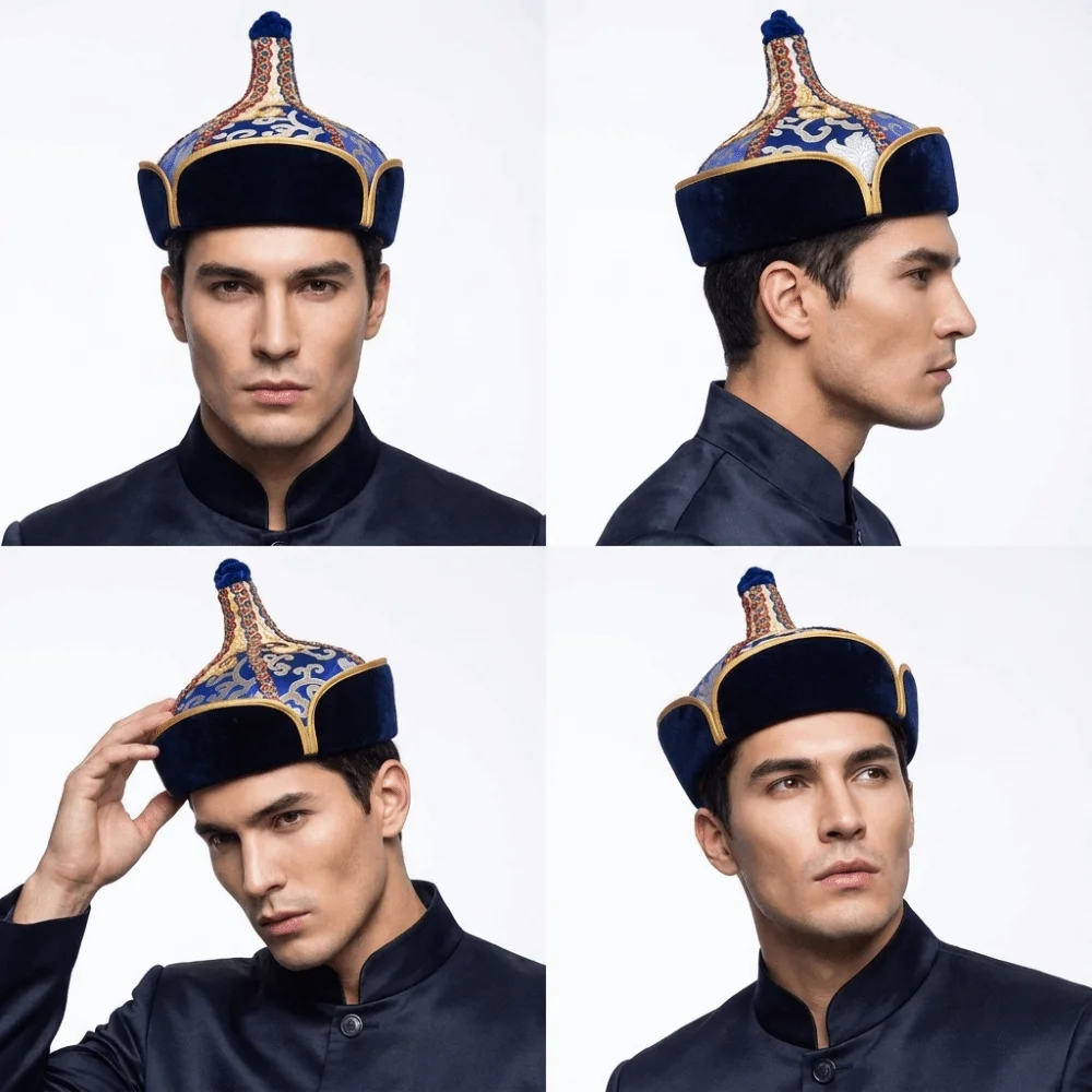 Golden and Blue Pointed Dance Hat Comfortable Wearing Lightweight Texture Ethnic Costume Headwear Fine Fabric