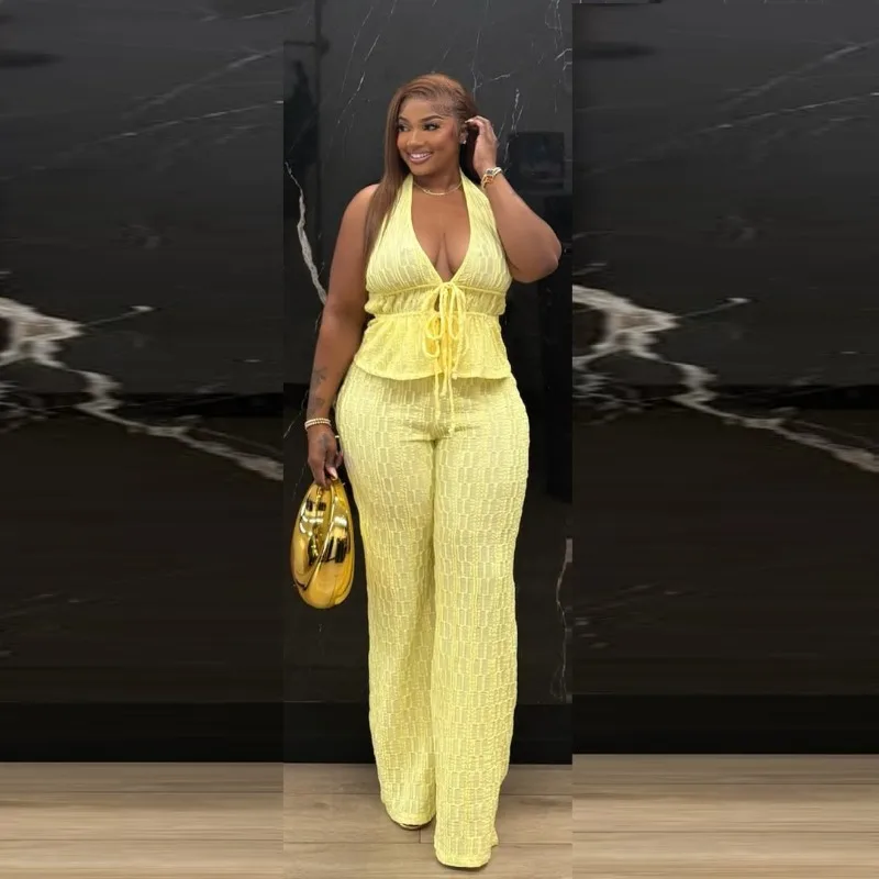 

Jacquard Solid Holiday 2 Piece Set Women Lace Up DeepV-neck Halter Backless Tanks Top + Wide Leg Pants Casual Streetwear Suits