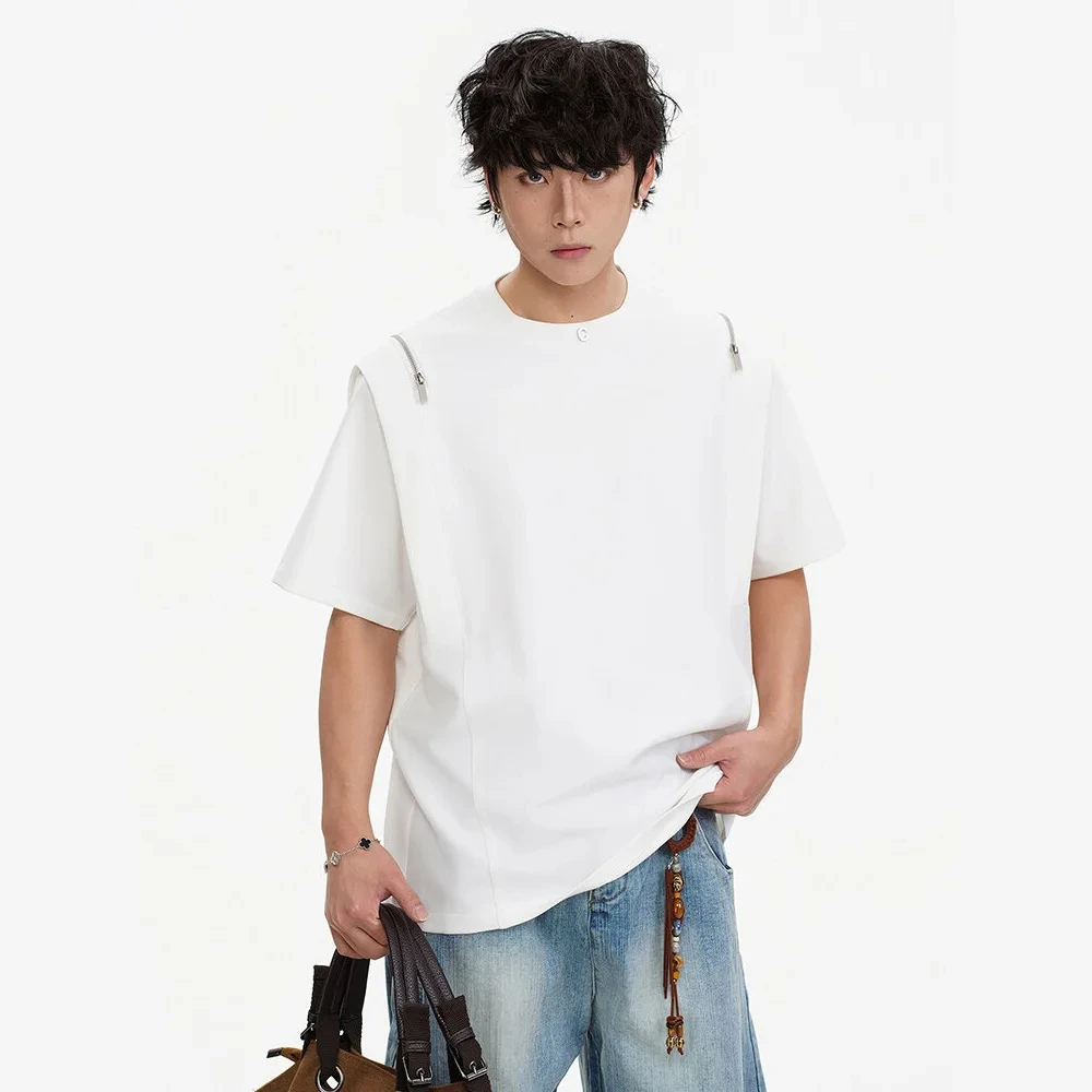 Men's Summer Zipper Shoulder Pad Streetwear Fashion Loose Casual Rock Hip Hop Black White Short Sleeve T-shirt Man T Shirts