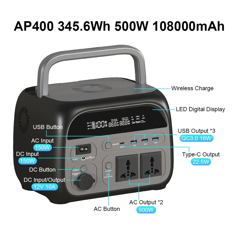 345WH 500W Portable Power Station 108000mAh Camping Lifepo4 Power Bank 220V Output Portable Backup Generator UPS Home Camper RV