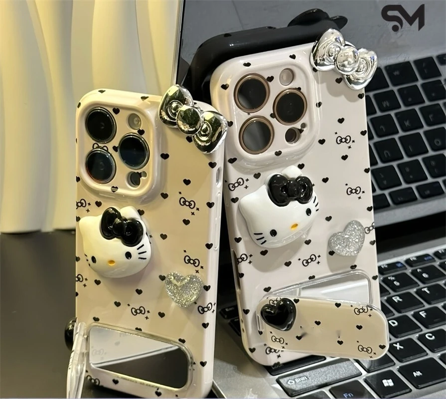 

Shining Cute Polka Dot Black Love Kitty Cat Suitable For Apple 16 15 14 13 12 11pro Max Phone Case New Bracket Kt Bow Phone Case
