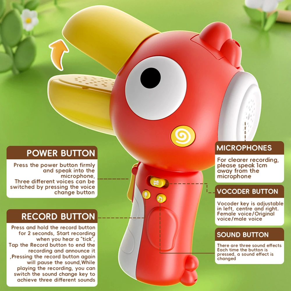 Cambio de voz para niños, altavoz eléctrico Toucan, función de grabación, dispositivo de cambio de voz, juguetes con 3 efectos de voz diferentes