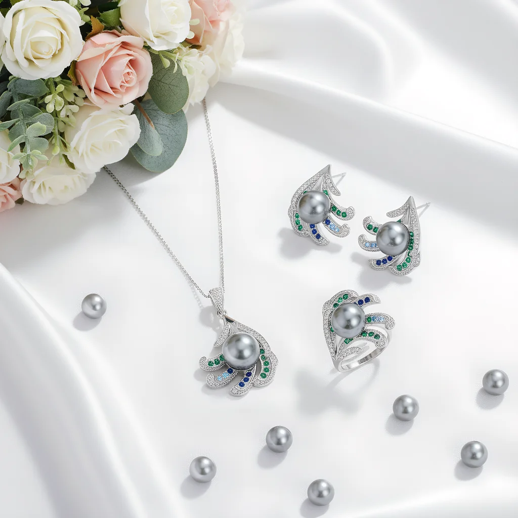 

4pcs Elegant Vintage Jewelry Set for Women Fan Shaped Grey Pearl Necklace Shiny Crystal Choker Bridal Wedding Earrings Party