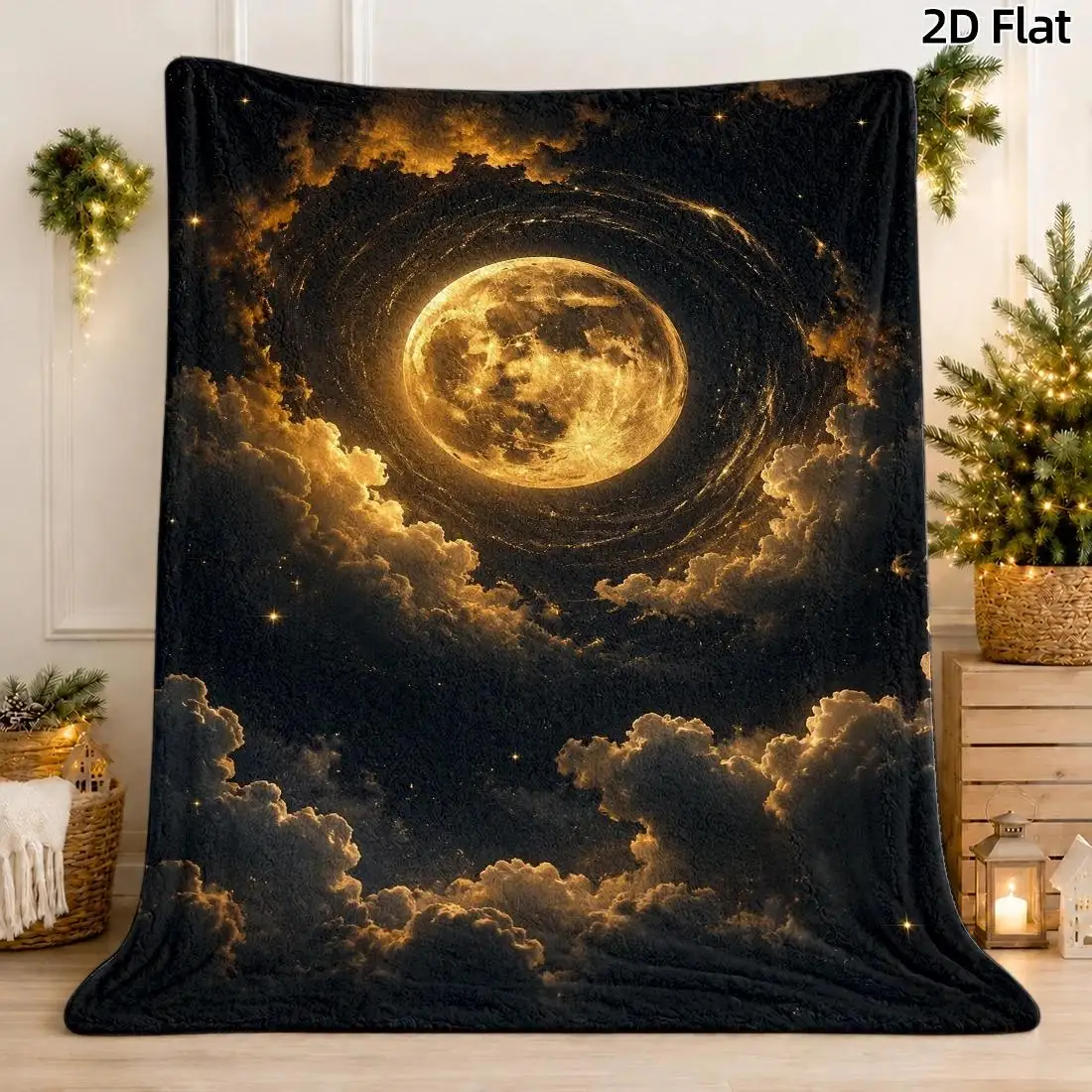 1pc 2D Flat Throw Blanket, Full Moon & Celestial Spiral Pattern, Oil Painting Moon, Golden Amber Cloud Starry Night Blanket