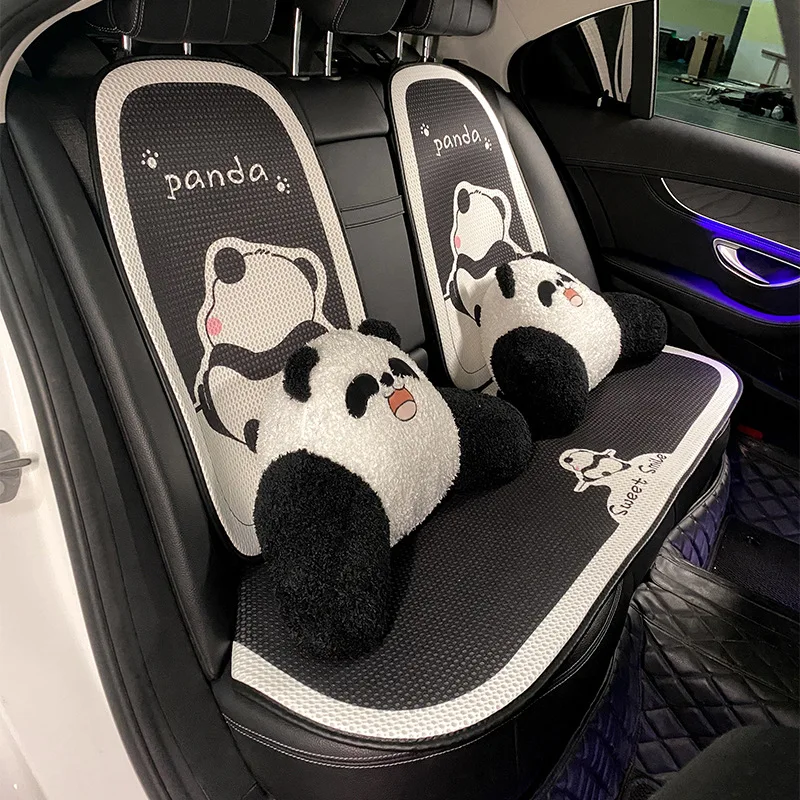 Cartoon Panda Ice Silk Car Seat Cushion Breathable Four Seasons Anti Slip Seat Backrest Protector Pad Universal Auto Interior