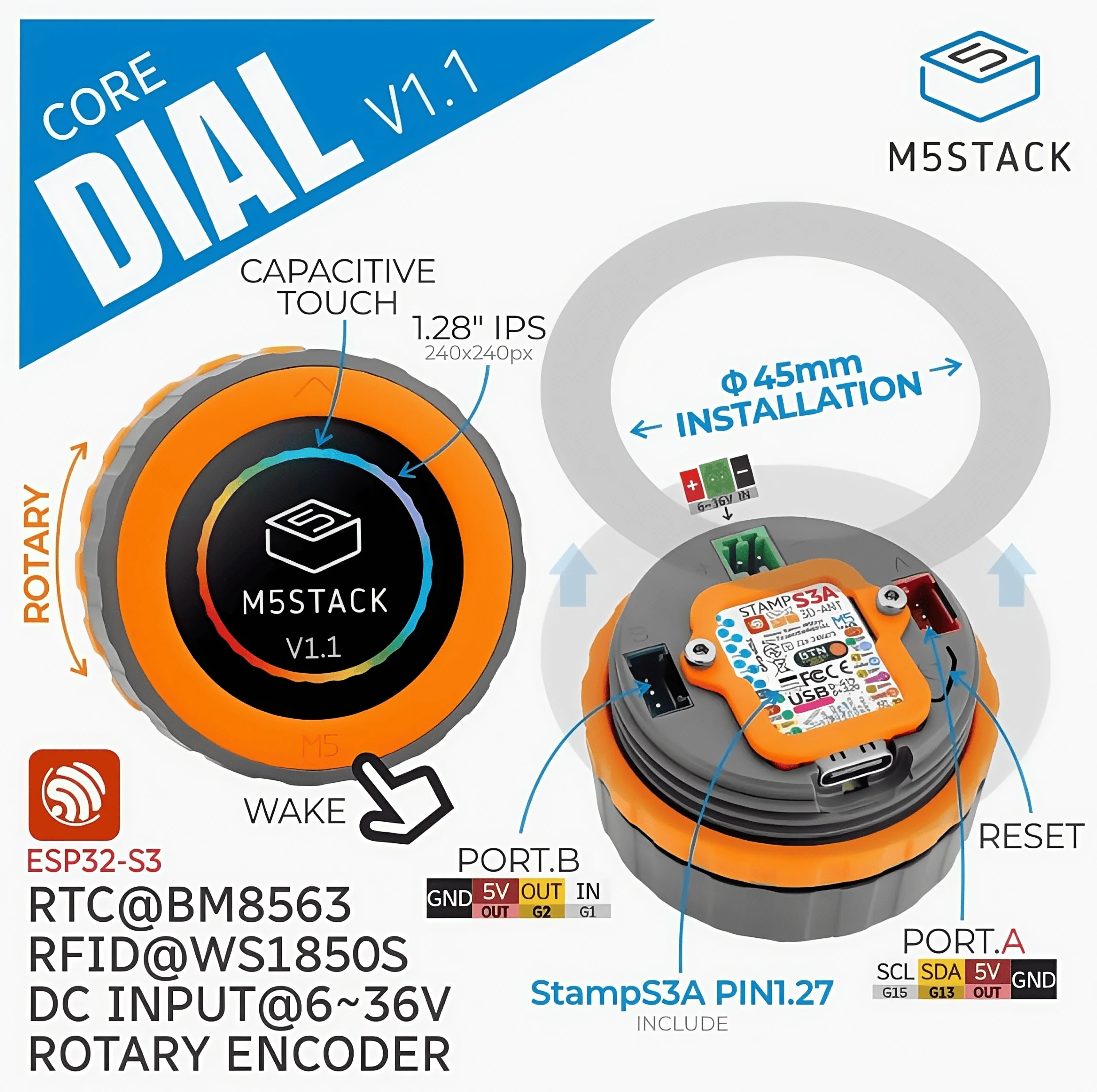 M5Stack M5Dial v1.1 Controlador programable con perilla Pantalla táctil redonda de 1,28" ESP32S3