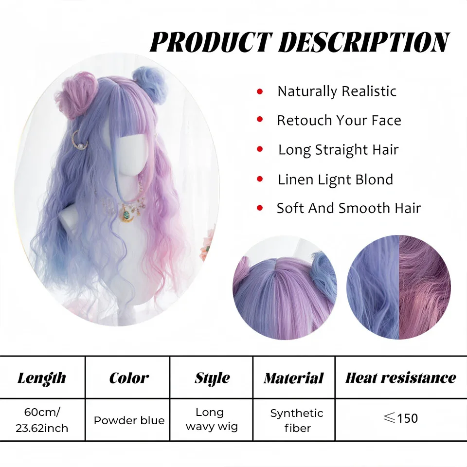 OLACARE Long Ombre Colorful Synthetic Cosplay Lolita Harajuku Wig With Bangs Natural Wavy Wigs White Green Daily Wigs