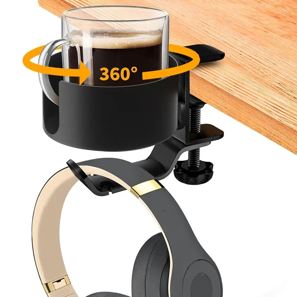 

Headphone Hanger 2 in 1 Desk Cup Holder Easy to Install Anti-Spill Desk Cup Holder Clamp Aluminum Alloy 360° Rotating