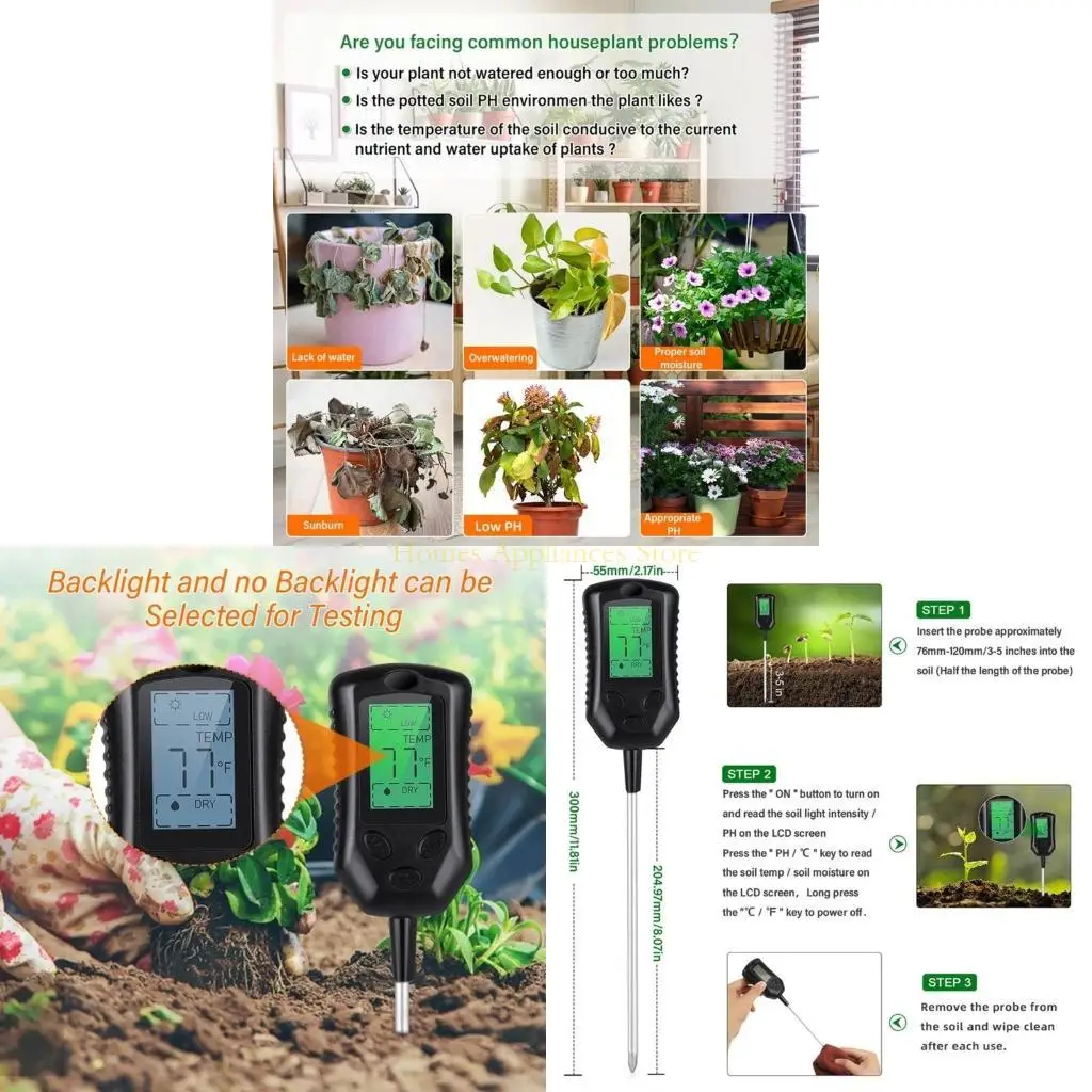 D0AB Multifunctional Soil Monitor, Sunlight Temperature Moisture 4 in 1 for Gardeners