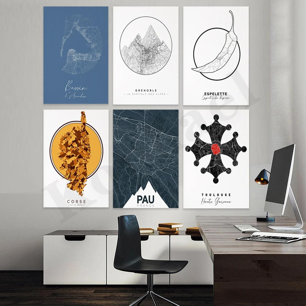 Toulouse Pau Coles Espelette Grenoble Bordeaux Arcachon Bay. Mapa de ciudades francesas. Póster artístico para decoración de pared del hogar