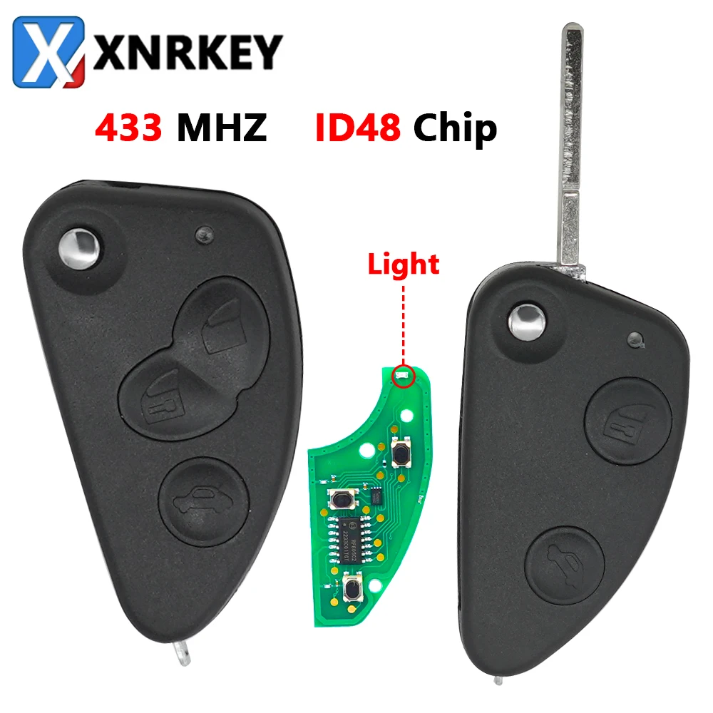 XNRKEY 2/3 Button Remote Car Key ID48 Chip 433Mhz for Alfa Romeo 147 156 166 GT Replacement Flip Key Fob with Uncut SIP22 Blade