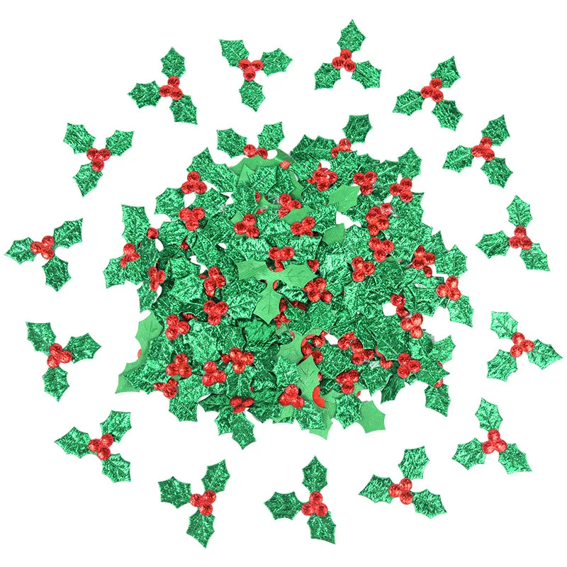 100pcs Glitter Fabric Red Berry Green Holly Leaves Appliques Christmas Decorations for Home Table Decoration Scrapbook DIY Craft