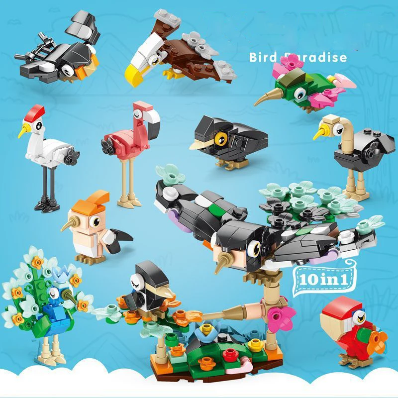 10PCS Animal Park Cartoon Owl Peacock Eagle Mini Desktop Decoration Building Blocks Bricks Toys Gifts