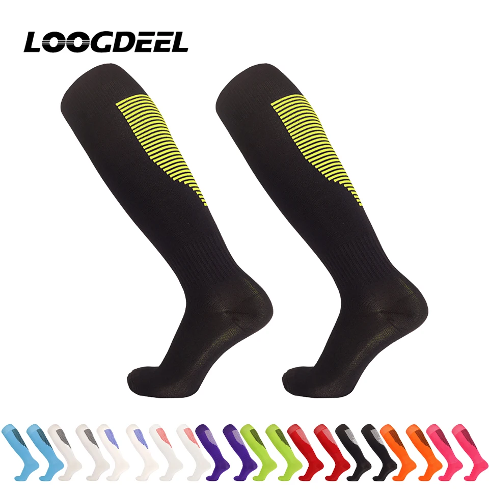 

Спортивные футбольные носки Loogdeel в полоску для взрослых и детей, дышащие, высокие до колена, для тренировок и бега, с махровой подошвой
