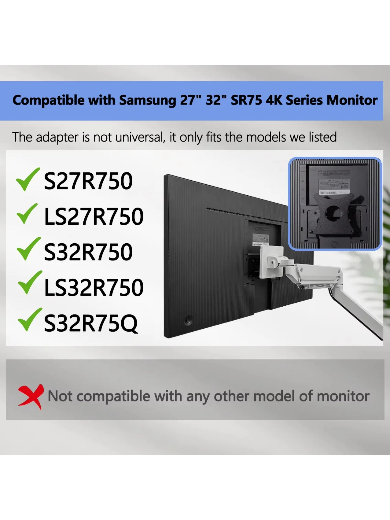 Совместимый кронштейн для крепления Samsung Space Monitor VESA, 32 дюйма, 27 дюймов SR75 LS27R750 LS32R750 S27R750 S32R750 S32R75Q 100X100 мм
