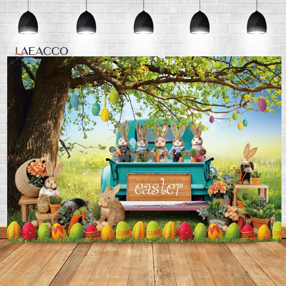 Laeacco Spring Easter Backdrop Car Full of Colorful Eggs Flowers Rabbit Kids Newborn Birthday Portrait Photography Background