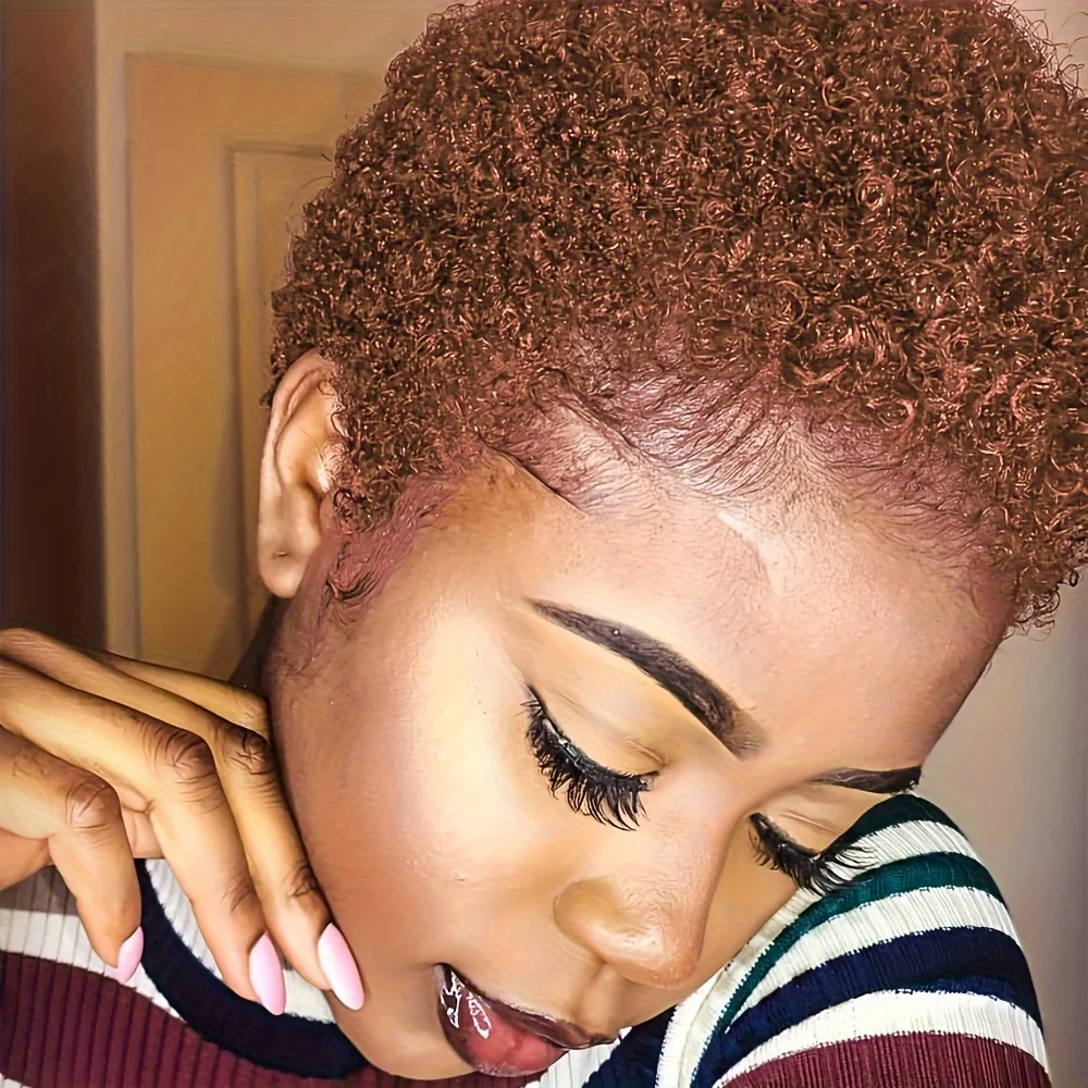 ความหนาแน่น 150% 4 นิ้วเต็มรูปแบบทําวิกผมสั้น Afro Curly วิกผมผมมนุษย์ Afro วิกผมสั้นสําหรับผู้หญิง Pixie ตัดวิกผมผมมนุษย์