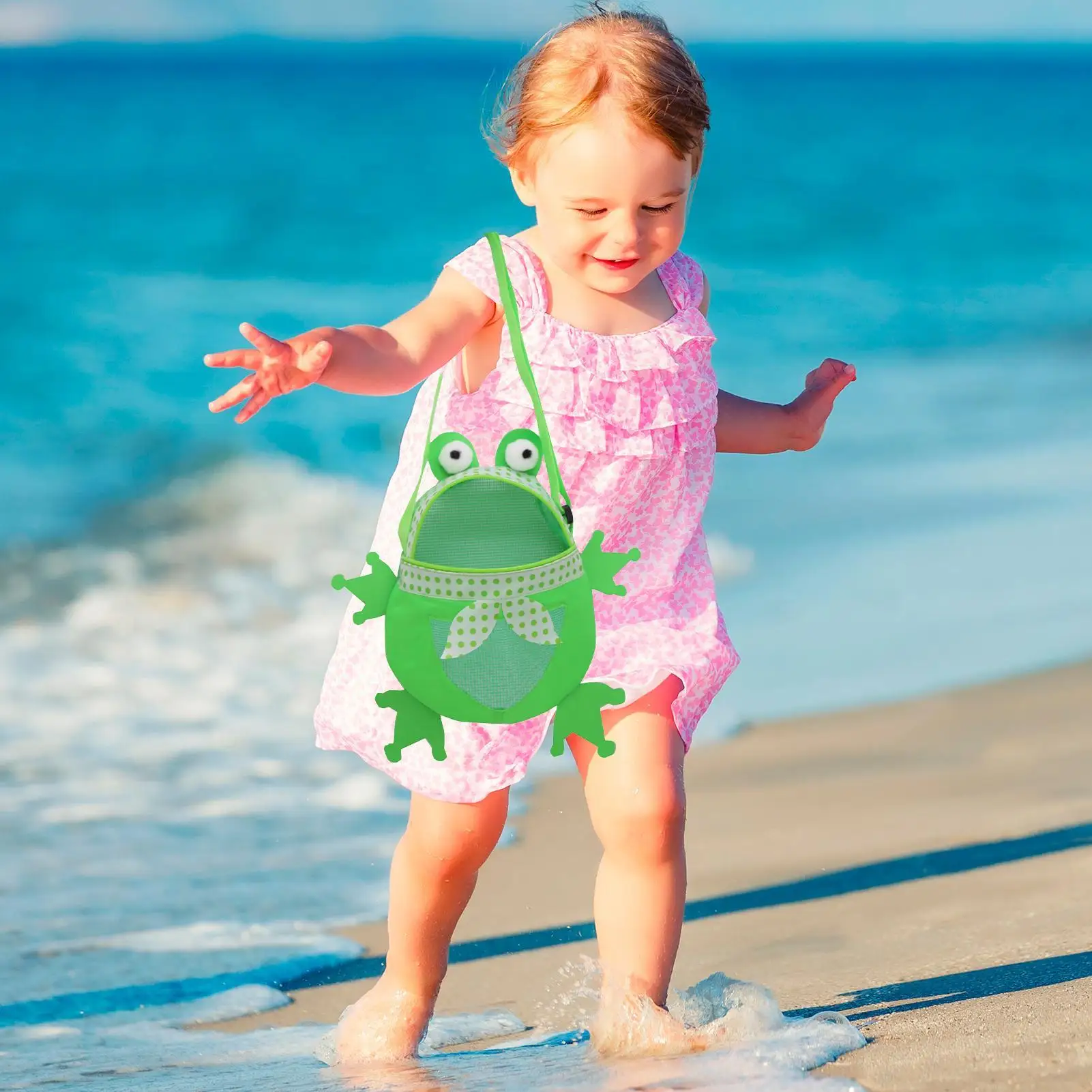 Borsa da spiaggia Setaccio per sabbia Borsa da raccolta conchiglia Borsa portatile regolabile a forma di rana per la raccolta di vacanze all'aperto per bambini, ragazzi e ragazze