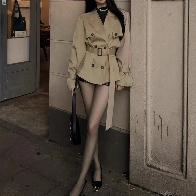 

New khaki short trench coat for women double-breasted off-the-shoulder