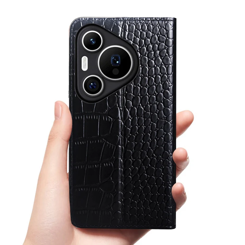 Flip Case For HUAWEI Pura 80 70 Pura70 Pro+ Ultra 5G Crocodile Pattern Magnetic Cover Cowhide Genuine Leather Wallet Covers