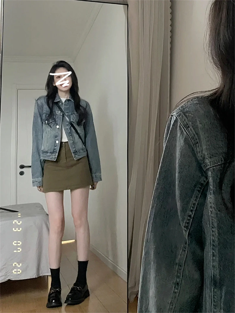 เสื้อแจ็คเก็ตยีนส์สไตล์อเมริกันสำหรับผู้หญิง ไซส์พลัส ลำลอง สไตล์อเมริกัน เสื้อคลุมอเนกประสงค์ สไตล์เรโทร กลิ่นอายฮ่องกง เก๋ไก๋