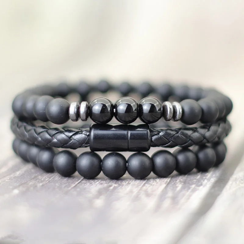 Noter 3pcs Men Bracelet Set 8mm Natural Onyx Tiger Eyes Stone Braclet Homme Magentic Clasp Leather Braslet Pulsera Hombre Gift