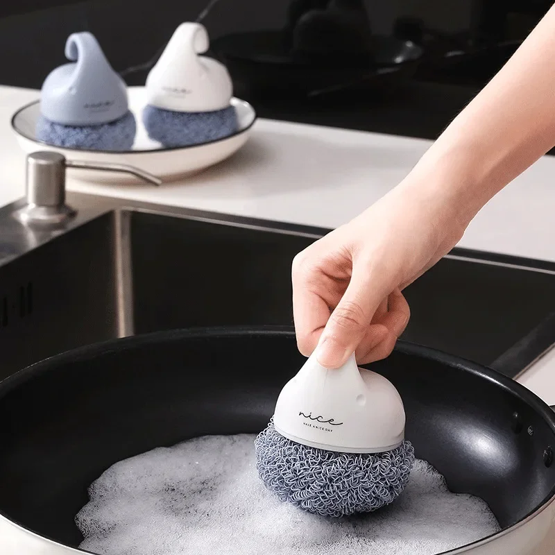 

Household Cleaning Brush Dishwashing Pot Brushing With Handle Steel Wire Ball Decontamination Kitchen Detergent Tools