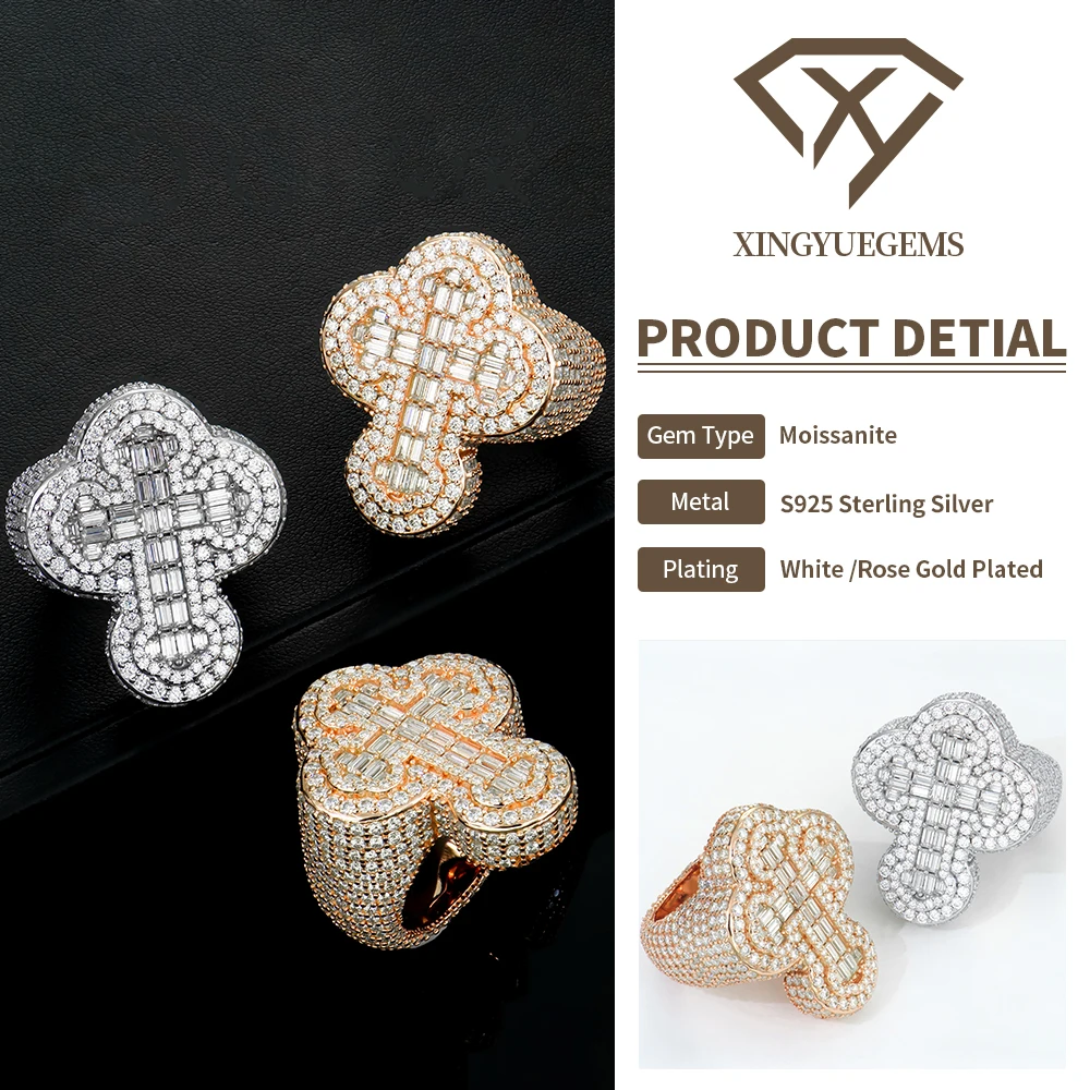 Hiphop 925 Silver Cross Design Iced out Baguette Cut Moissanite Ring Rhodium & Rose Gold Plating Options Fine Jewelry