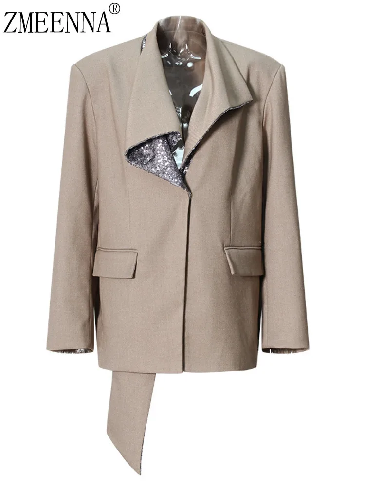 

ZMEENNA Women’s Blazer With Sequin Collar And Asymmetrical Long Sleeve Suit Jacket For Office Wear Elegant Outerwear ZM560